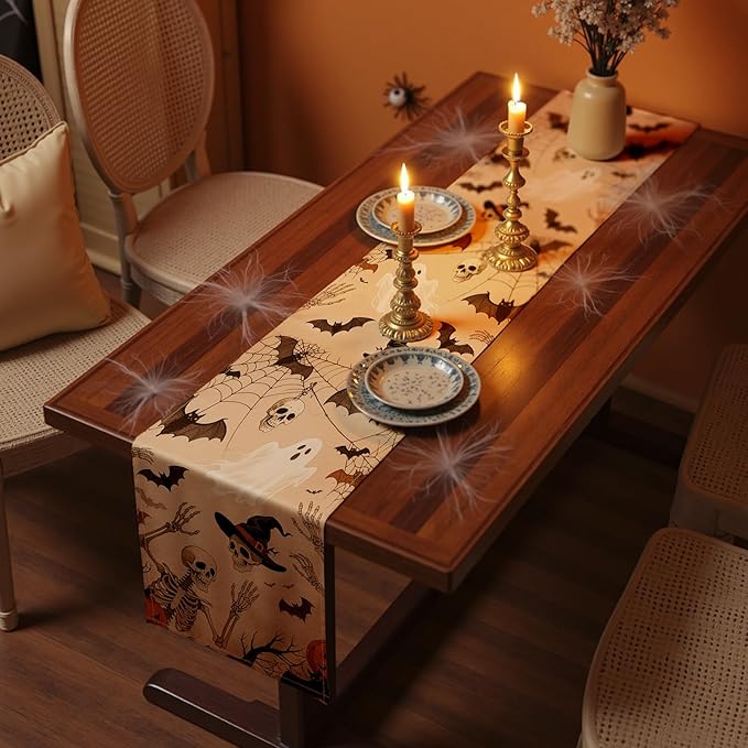 Halloween Table Runner with Ghosts, Bats & Skeletons, Table Decoration for Dining Party and Home Decor,48x13 inches