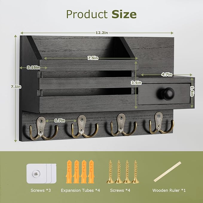 Key Holder Wall Mount, Wooden Adhesive Mail and Key Organizer with Drawer, Small Shelf, 8 Hooks, 2 Installation Methods, Black