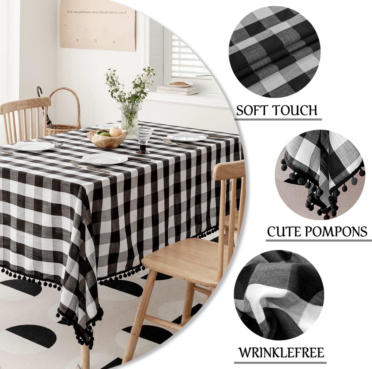 Jubilantex Black and White Square Buffalo Plaid Tablecloth Tablecloth with Tassel Rustic Linen Textured Farmhouse Table Cover for Kitchen Dining Table Top 54 x 54 inch