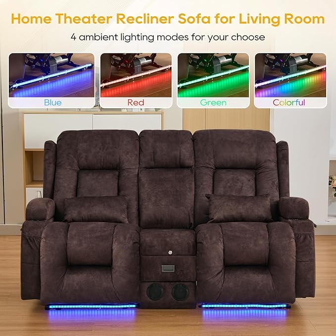 IPKIG 67" Power Reclining Loveseat Sofa, Electric Home Theater Seating with Console/4 Colors Ambient Lighting/Bluetooth Speakers/USB Ports/Built-in Outlets (Velvet-Brown, Loveseat Recliner)
