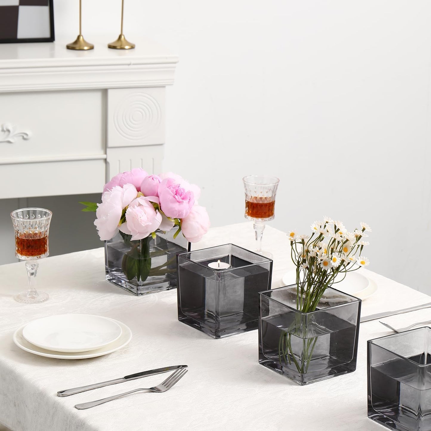Square Glass Vases Set of 4, 5" x 5" x 5" Grey Flower Vases for Centerpieces, Square Vase for Flowers, Small Vase for Wedding, Party, Home Office Decoration