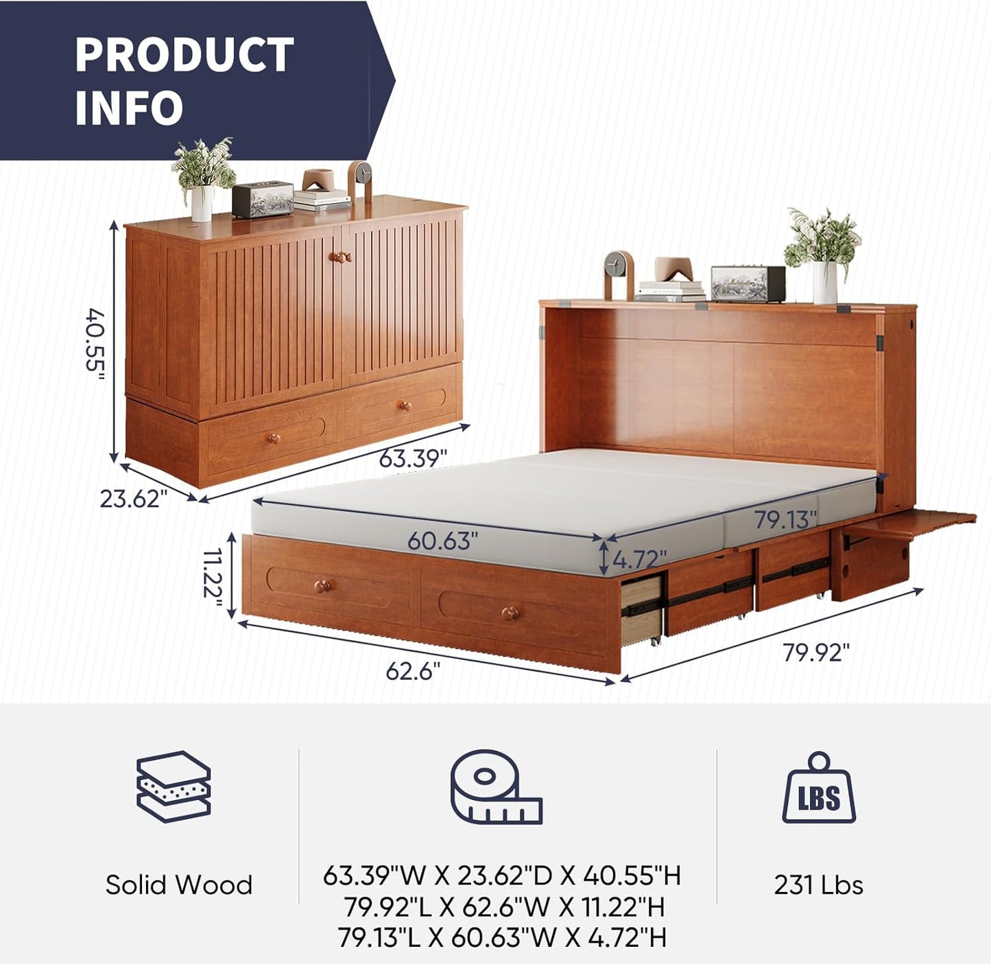 ijuicy Murphy Bed Queen Size with Foam Mattress, Side Storage Board, Cabinet Bed with Charging Station Large Storage Drawer for Space-Saving Room, Foldable Hideaway Bed Queen-Cherry