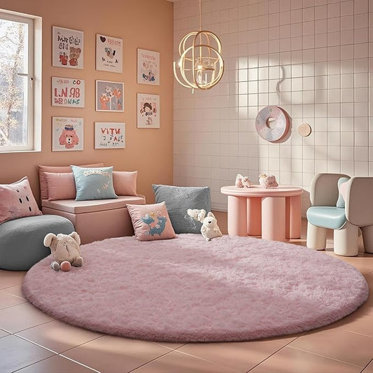 Ophanie Round Rugs 7Ft Pink Circle Area Rug, Fluffy Fuzzy Bedroom Carpet, Plush Soft Shaggy Indoor Floor Kawaii Living Room Rugs for Kids, Cute Room Decor for Teen Girls Home Decor Aesthetic, Nursery