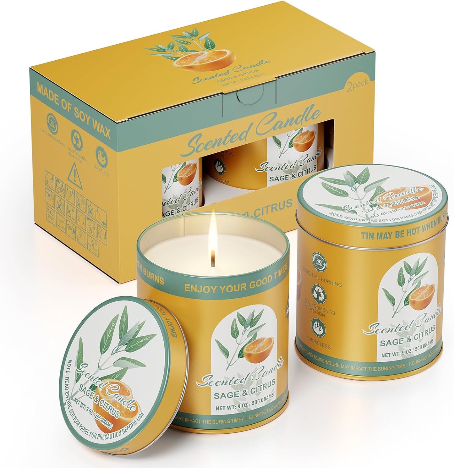 Sage&Citrus Scented Candles Gift Set | 2Pack 18oz 8% Essential Oils 80H Burn | Pure Soy Wax for Aromatherapy Tin Jar Candle | Meditation, Yoga,Smokeless, Relaxation&Sleep Aid Gift Set for Men&Women
