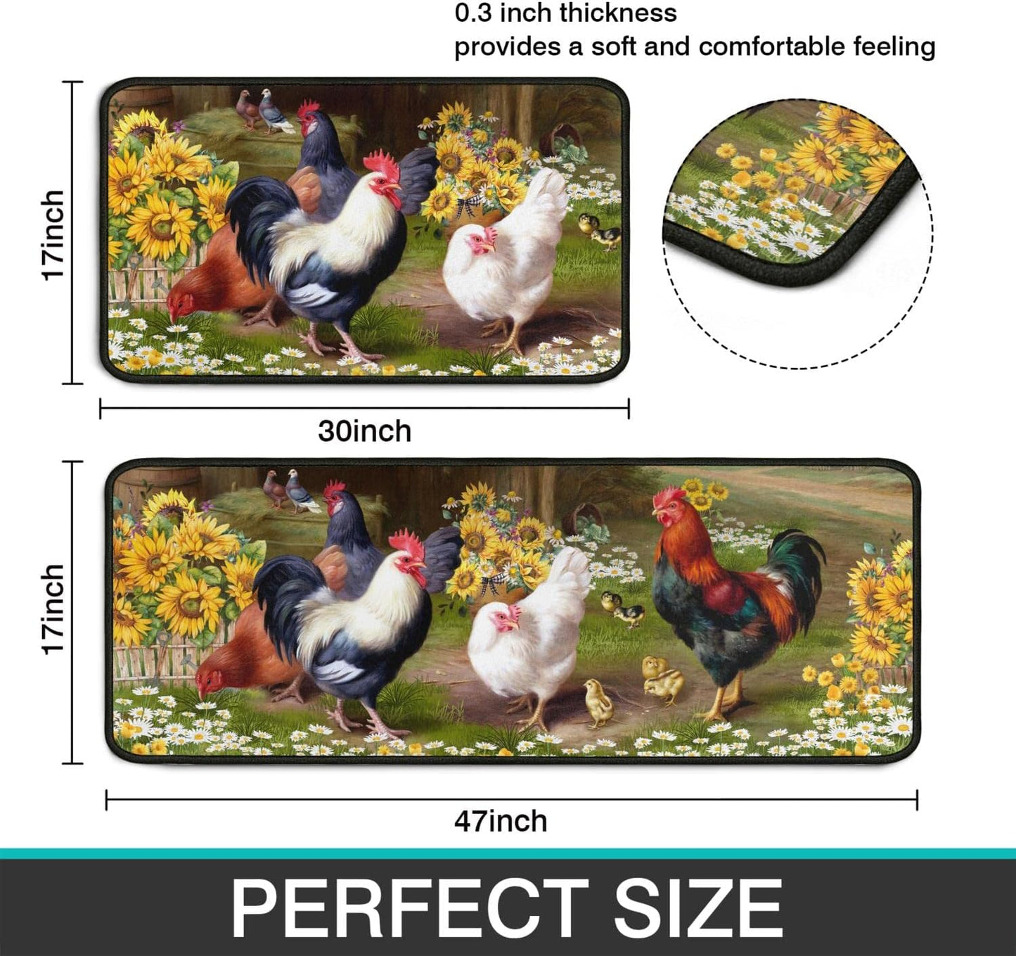 Rooster Kitchen Rug 2 Piece Set Sunflower Decor Kitchen Floor Mat, Microfiber Washable Runner Rugs, Farmhouse Chicken Decorations Kitchen Mats,17"x47"+17"x30"