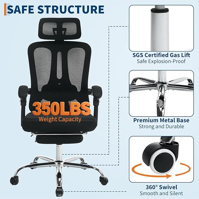 Ergonomic Office Chair, Adjustable Headrest and Lumbar Support, Retractable Footrest, HomeOffice Computer Executive Desk and Chair with Wheels for Home Office,Black