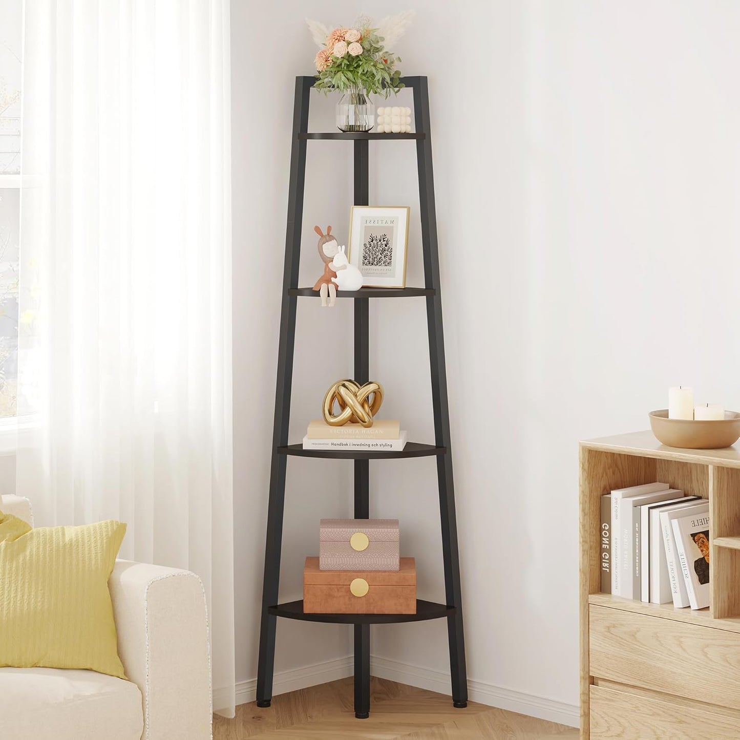 Hoctieon Corner Shelf, 4-Tier Corner Bookshelf, Rustic Ladder Shelf, Industrial Display Stand for Living Room, Kitchen, Home Office, Balcony, Small Space, Metal Frame, Black