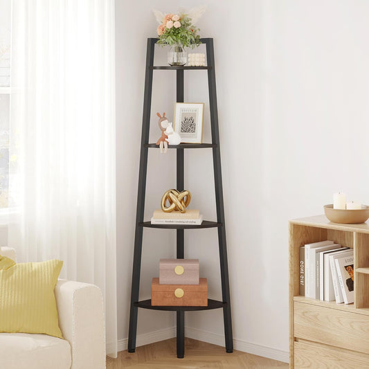 Hoctieon Corner Shelf, 4-Tier Corner Bookshelf, Rustic Ladder Shelf, Industrial Display Stand for Living Room, Kitchen, Home Office, Balcony, Small Space, Metal Frame, Black