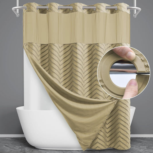 Extra Long No Hook Shower Curtain with Snap in Liner, Tufted Chevron Striped Shower Curtain Set for Bathroom, Boho Waterproof and Washable Shower Curtains,71Wx86H, Khaki