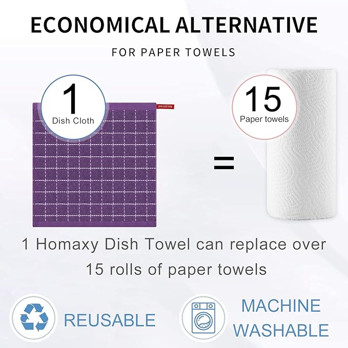 Homaxy 100% Cotton Terry Kitchen Dish Cloths, Ultra Soft and Absorbent Dish Towels for Kitchen, Suitable for Drying and Washing Dishes, 6 Pack, 12 x 12 Inches, Purple
