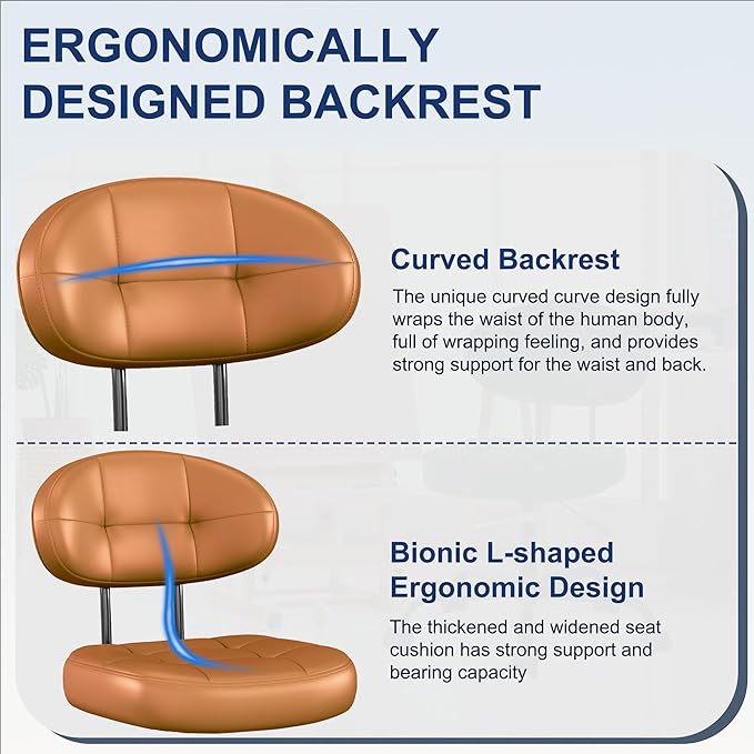 Misolant Vanity Chair with back, Small Armless Cute office Chair with wheels and Lumbar support, Comfy PU Leather Desk Computer Chairs with Adjustable Height, 360°Swivel for Home Bedroom Office, Brown