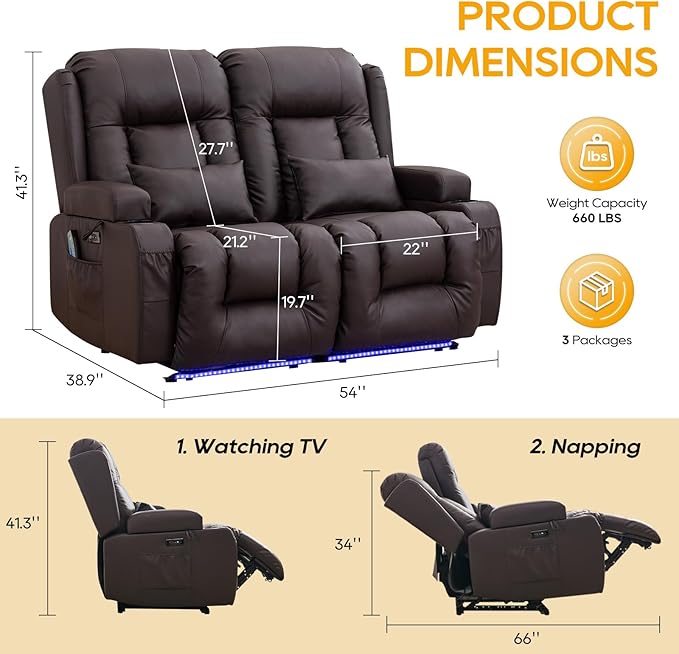 IPKIG 54" Power Loveseat Recliner Sofa, Electric Home Theater Seating with Massage Heat/4 Colors Ambient Lights/USB Port/Side Pocket/Cup Holder for Living Room, Bedroom, Home (Brown, 2 Seater)