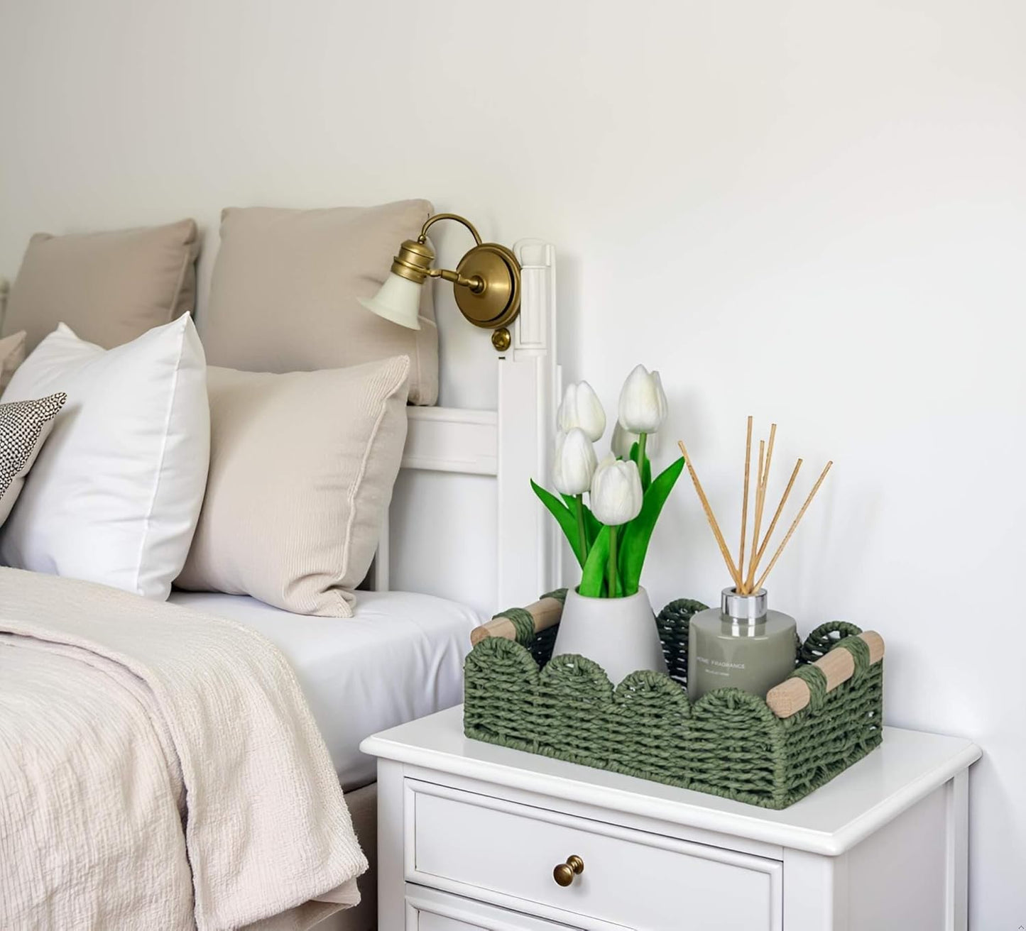 CubesLand Toilet Paper Storage Basket Scalloped Edge Home Decor Green Basket, Living Room Cozy Decor, Paper Rope Small Baskets for Over Toilet Storage Shelf, End Table, Shelves, with 2 Wooden Handles