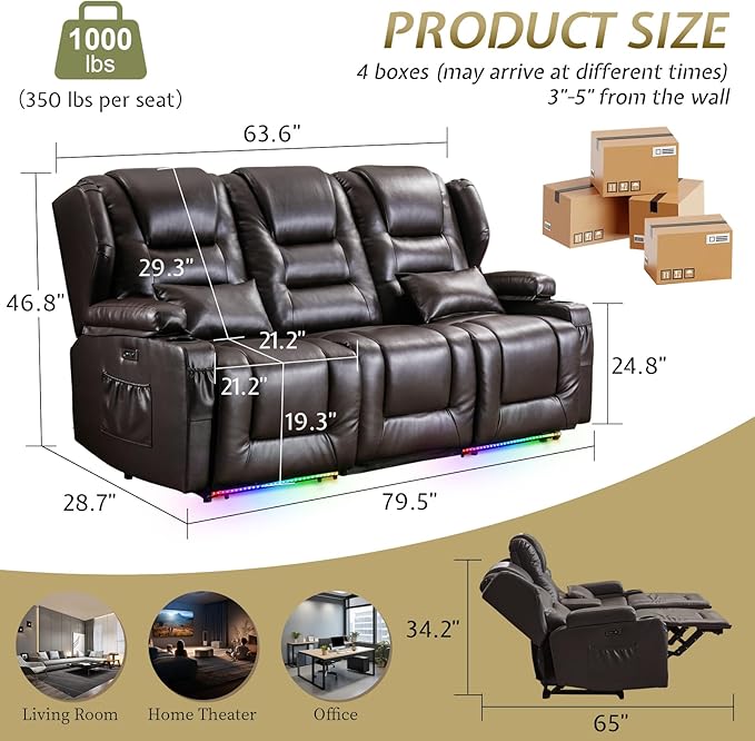 SAMERY Power Loveseat Recliner Sofa with Adjustable Split Back, Multi-Port Charger, Flip-Up Backrest & LED Lighting - Home Theater Seating with Storage, Cup Holders, Brown Faux Leather Loveseat