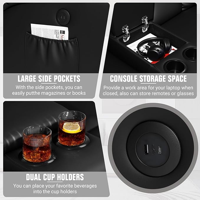 Home Theater Seating,RV Recliner Sofa with Massage and Heat,Manual RV Recliner Loveseat with USB/Cup Holders and Side Pocket for Living Room,Loveseat Black