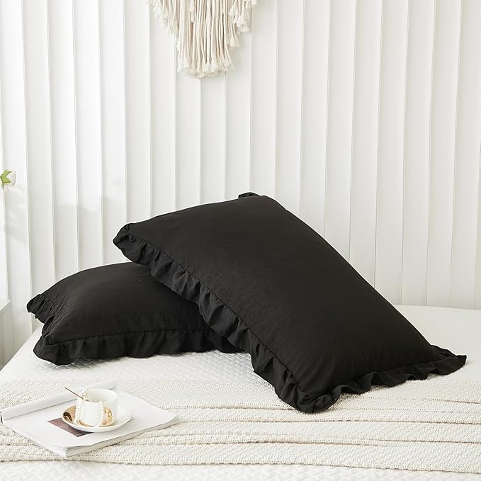 Merryword Black Pillow Shams Standard Pillowcases 20x26inch Black Ruffle Cute Pillow Cover Set of 2 Shabby Chic Soft Microfiber Pillowcases
