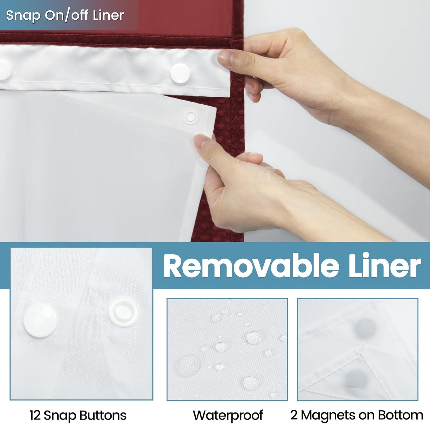 Burgundy Long No Hook Shower Curtain with Snap in Liner,230GSM Waffle Weave Shower Curtains for Bathroom,71W x 86H