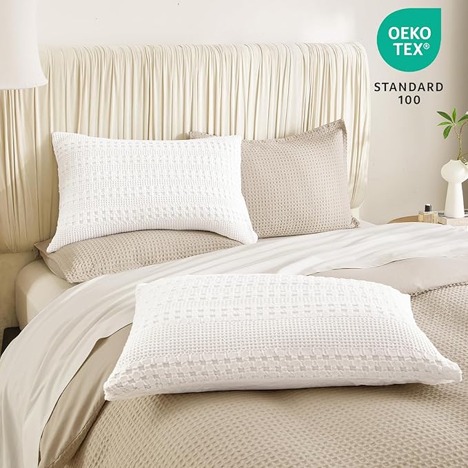 PHF 100% Cotton Waffle Pillow Shams King Size, 2 Pack 20" x 36" Soft Skin-Friendly Pillowcases, No Filling, Aesthetic Woven and Breathable Waffle Weave Pillow Case Covers for Bed, White