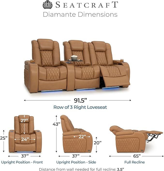 Seatcraft Diamante Zero-Gravity CoolZero Italian Leather Home Theater Seating, Power Headrest, Power Recline, Row of 3 Right Loveseat, Tan Oak