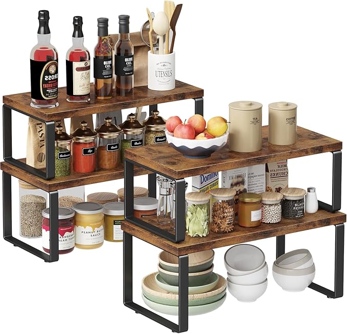 Homeiju Kitchen Cabinet Organizer 15.75'' Width,Set of 4 Cabinet Shelf Organizers,Stackable & Expandable Kitchen Countertop Organizer,Spice Rack for Pantry Countertop Cupboard Cabinet Desk Top