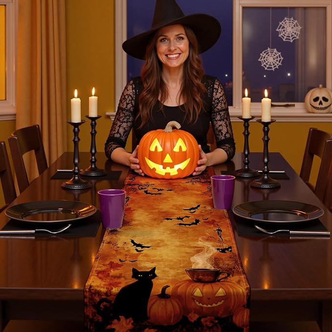 Halloween Table Runner with Black Cats, Bats & Pumpkins, Table Decoration for Dining Party and Home Decor,72x13 inches