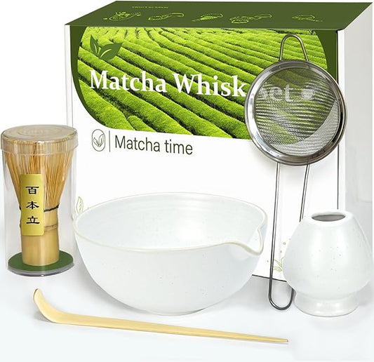 Matcha Whisk Set with Matcha Bowl, Matcha Whisk Holder Matcha Bamboo Whisk, Scoop, Sifter, Unique Gifts for Women Men Girl Friend Home Kitchen Decor（white）