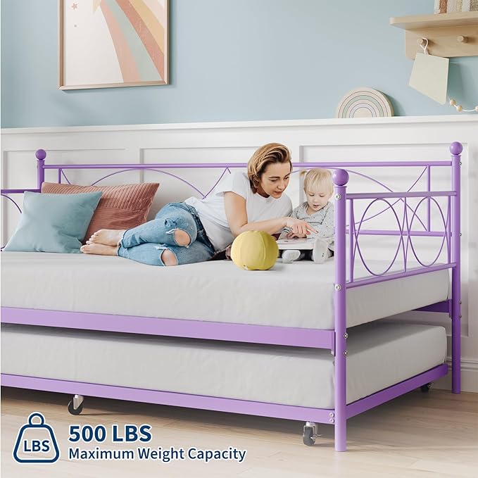 IDEALHOUSE Twin daybed with Trundle, Metal Twin Daybed and Trundle Set, Day Bed Sofa Bed Frame with Steel Slat Support, Multifunctional Daybed Frame for Bedroom (Purple Sets)