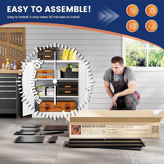 Yizosh Metal Garage Storage Cabinet with 2 Doors and 2 Adjustable Shelves - 35.5" Steel Lockable File Cabinet for Home Office,Garage,Gym,School (White)