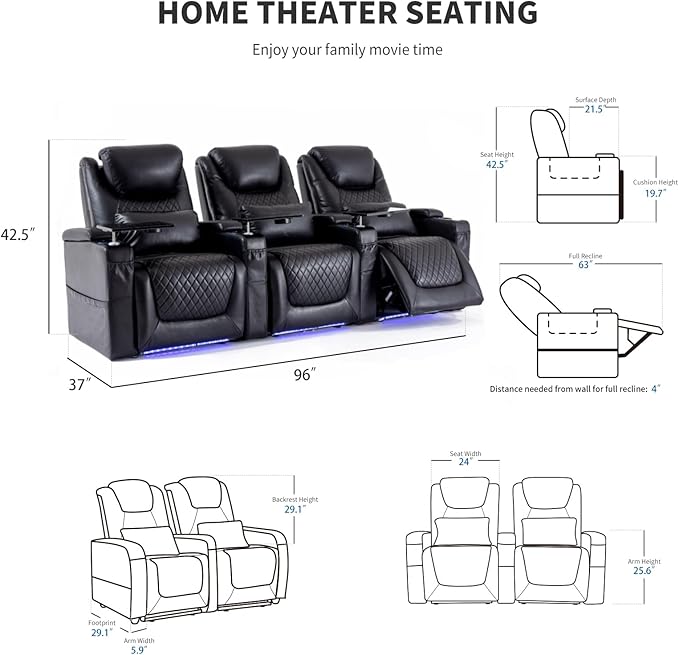 Home Theater Seating Seats, Theater Recliner Chair Sofa Game Movie Theater Chairs with 7 Colors Ambient Lighting, Lumbar Pillow, Side Pocket, Tray Table, Power Recline, Black