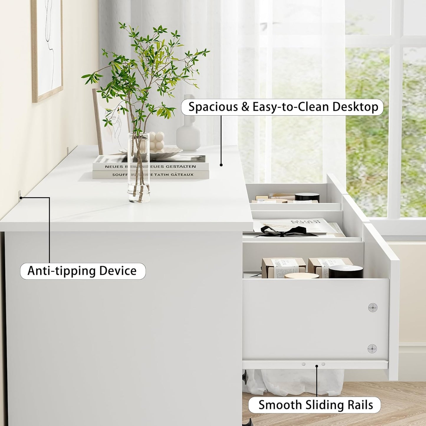 JOZZBY 7 Drawer Dresser for Bedroom, 55 Inch White Wooden Large Dresser with Golden Handles, Modern Chests of Deep Drawers Organizer for Home Office, Hallway