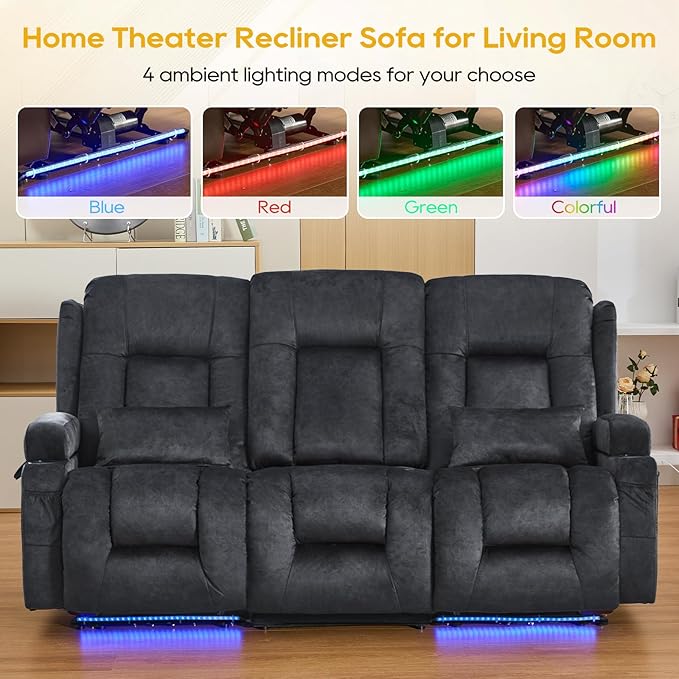 IPKIG 76" Power Reclining Sofa, Electric Home Theater Seating with Flipped Middle Backrest/LED Lighting/USB Ports/Built-in Outlets, Dual Recliner Sofa 3 Seater for Living Room RV (Grey)