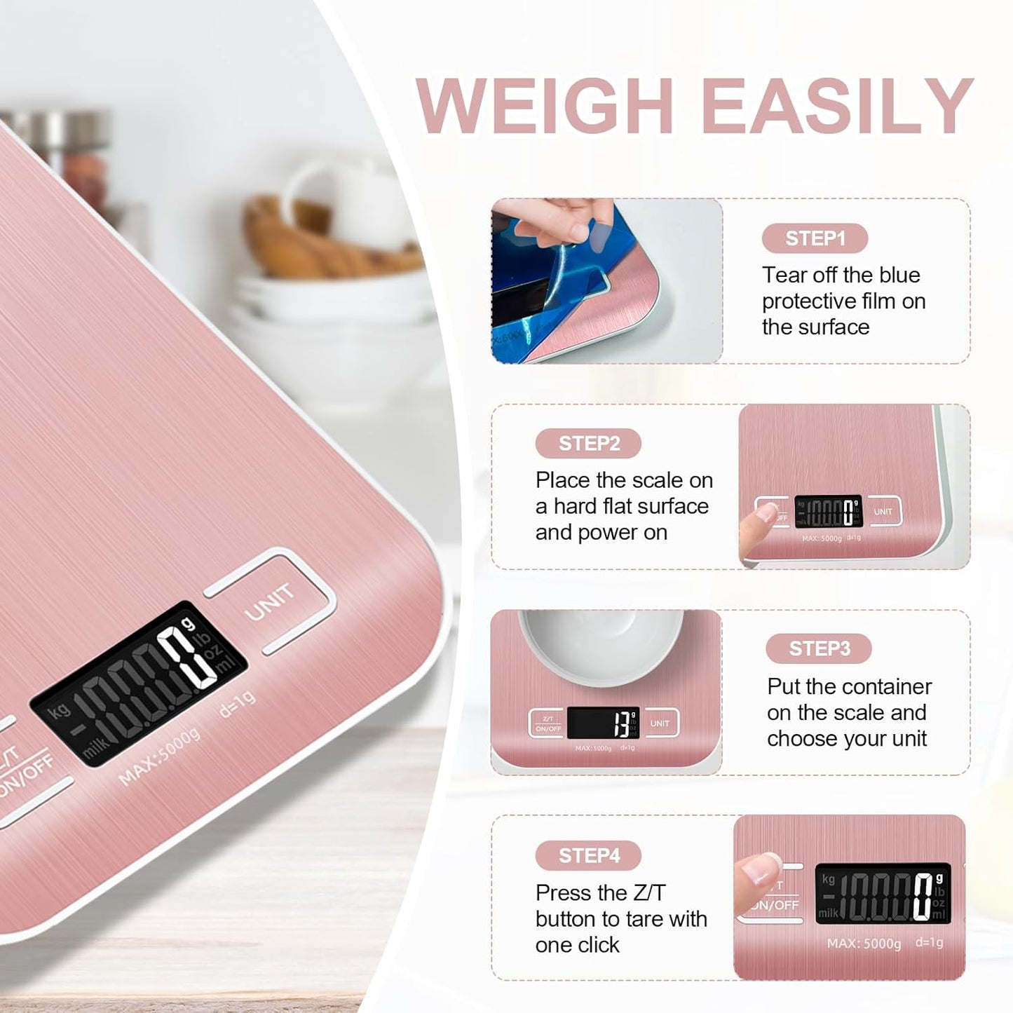 Food Scale, 11lb Kitchen Scale with 6 Units Tare Function & LCD Display, 0.05oz/1g Stainless Steel Digital Food Scale Grams and Ounces for Baking, Cooking, Dieting and Meal Prep (Pink)