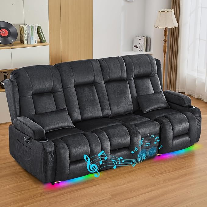 IPKIG 89" Power Reclining Loveseat Sofa, Electric Home Theater Seating with Console/4 Colors Ambient Lighting/Bluetooth Speakers/USB Ports/Built-in Outlets (Grey, 3-Seater with Console)