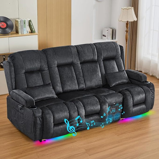 IPKIG 89" Power Reclining Loveseat Sofa, Electric Home Theater Seating with Console/4 Colors Ambient Lighting/Bluetooth Speakers/USB Ports/Built-in Outlets (Grey, 3-Seater with Console)