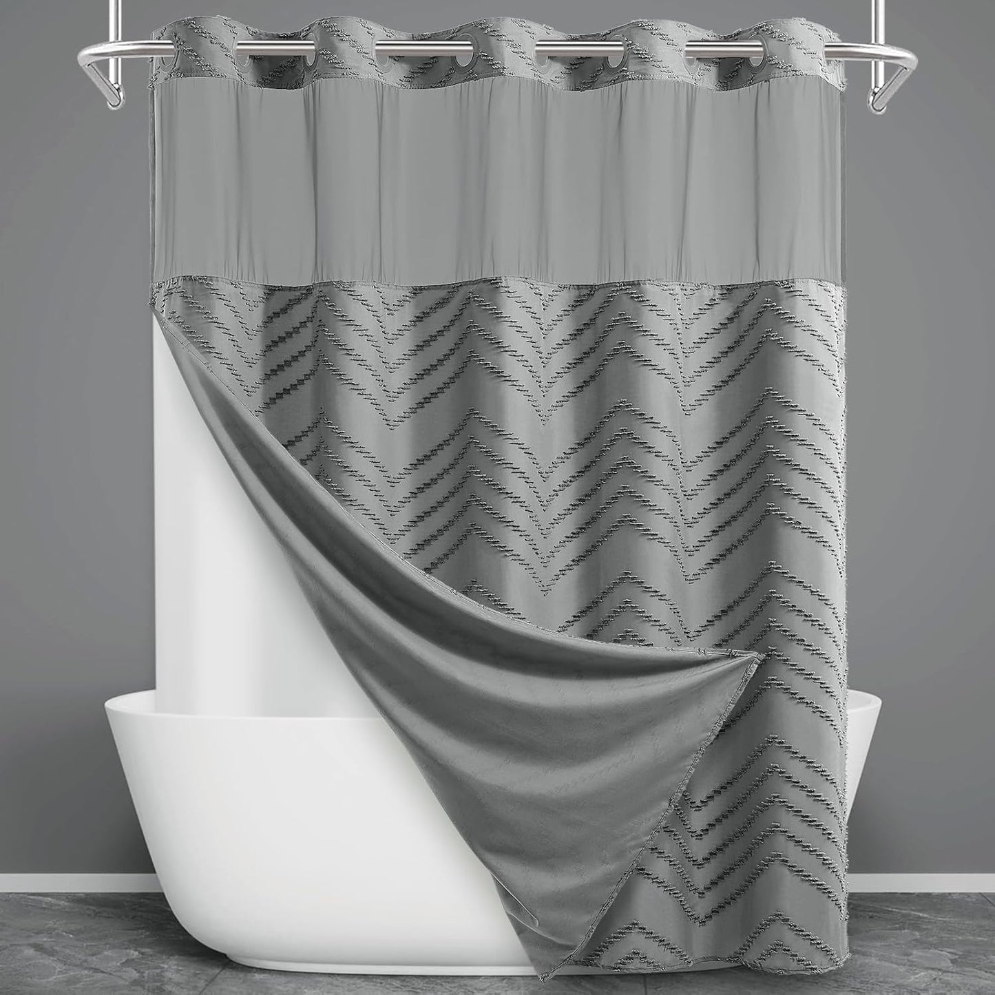 Extra Long No Hook Shower Curtain with Snap in Liner, Tufted Chevron Striped Shower Curtain Set for Bathroom, Boho Waterproof and Washable Shower Curtains,71Wx86H, Grey
