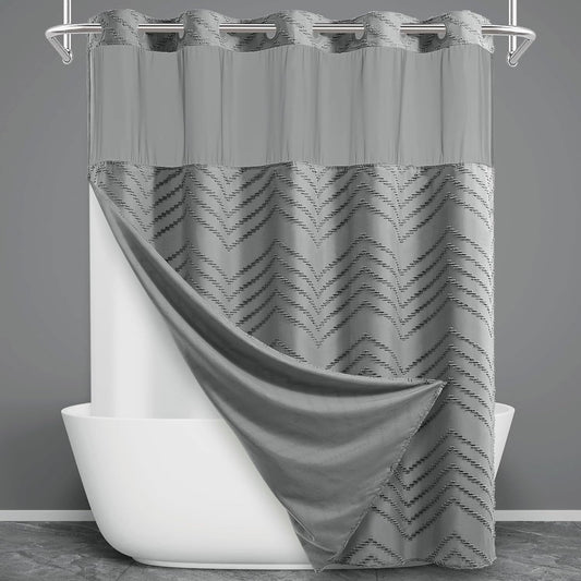 No Hook Shower Curtain with Snap in Liner, Tufted Chevron Striped Shower Curtain Set for Bathroom, Boho Waterproof and Washable Shower Curtains,71Wx77H, Grey