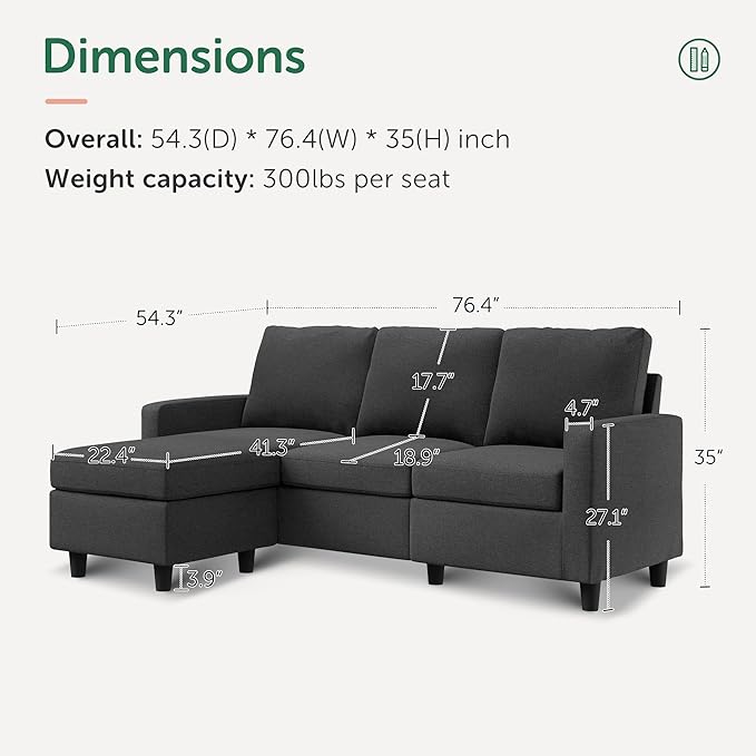 HONBAY Convertible Sectional Sofa, L Shaped Couch with Reversible Chaise for Small Space, Black
