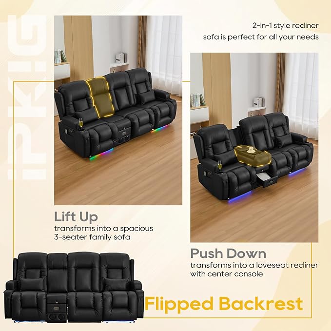 IPKIG 89" Power Reclining Loveseat Sofa, Electric Home Theater Seating with Console/4 Colors Ambient Lighting/Bluetooth Speakers/USB Ports/Built-in Outlets (Black, 3-Seater with Console)