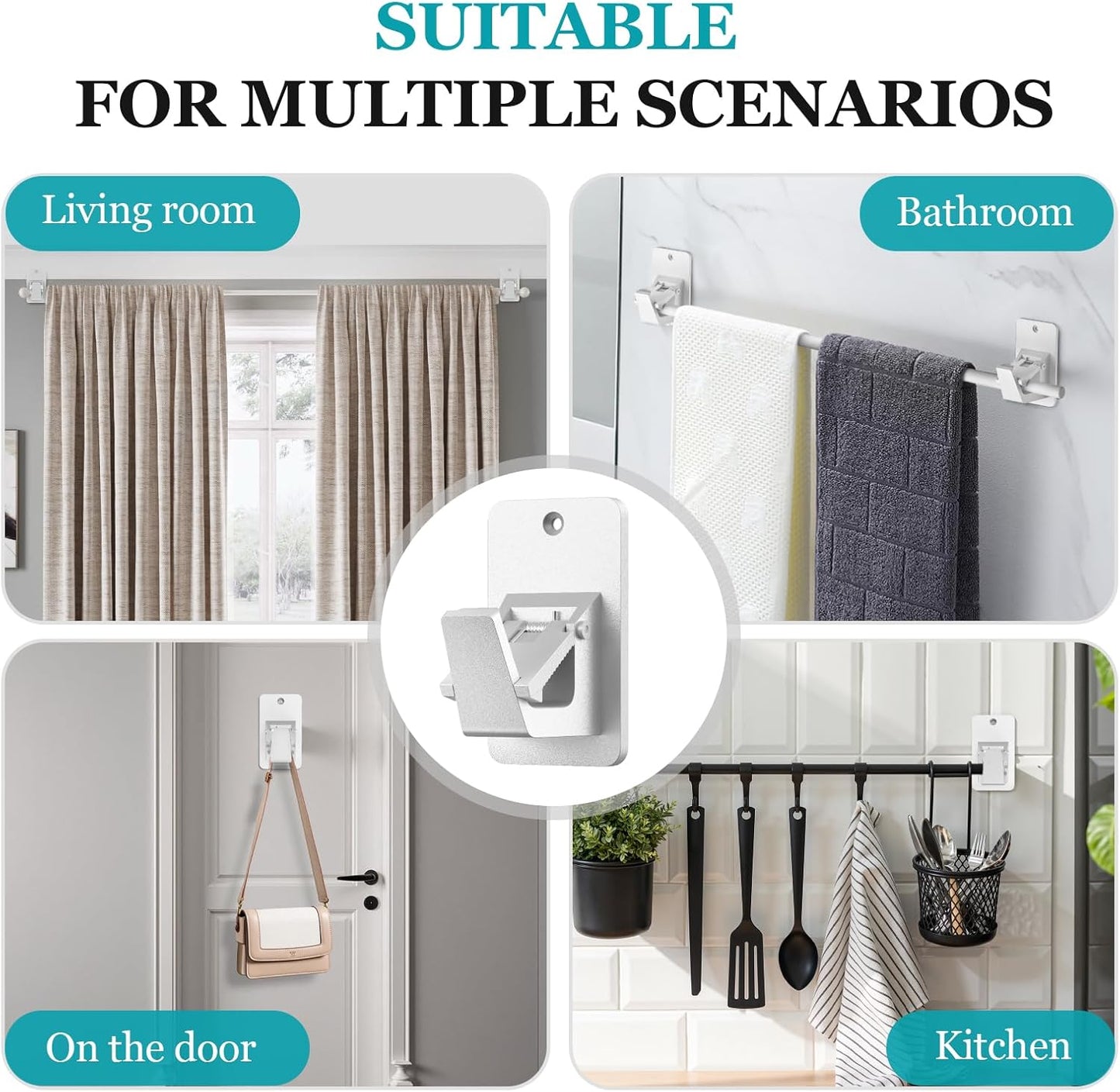 Adhesive No Drill Curtain Rod Brackets - Heavy Duty 30LB Holders for Bathroom Bedroom Kitchen, Universal Damage-Free Window Rod Hooks with Nail-Free Installation (8PC Silver)