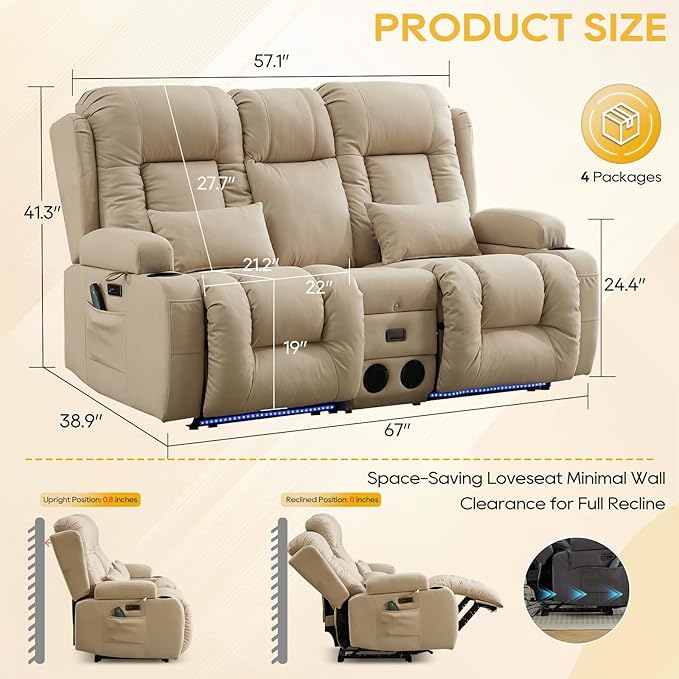 IPKIG 67" Power Reclining Loveseat Sofa, Electric Home Theater Seating with Console/4 Colors Ambient Lighting/Bluetooth Speakers/USB Ports/Built-in Outlets (Beige, Loveseat Recliner)