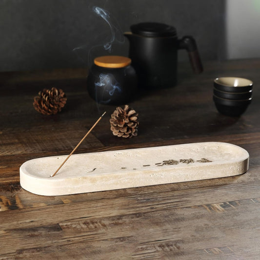 Koville Travertine Incense Holder, Incense Holder for Sticks, Long Incense Sticks Holder Ash Catcher for Meditation Yoga SPA, Natural Stone Incense Burner, Home Table Decor(Beige)