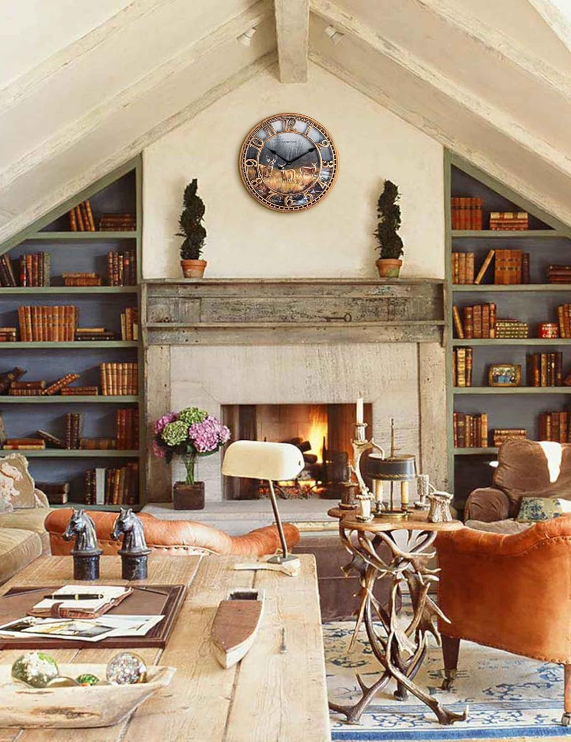 Round Wall Clock Farmhouse Plastic Deer Clock Battery Operated Silent Non-Ticking Rustic Clock 12 Inch for Home Kitchen Living Room Bedroom Office Decor (Antique Copper)