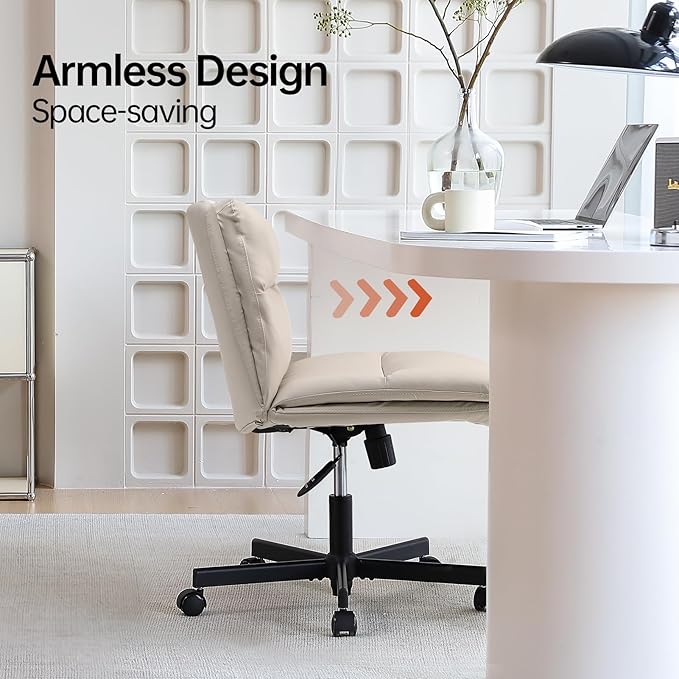 EMIAH Armless Office Desk Chairs Criss Cross Chair with Wheels Mid-Back Ergonomic Home Office Computer Chair Comfortable Thickened Cushion Adjustable Swivel Task Chair with Genuine Leather