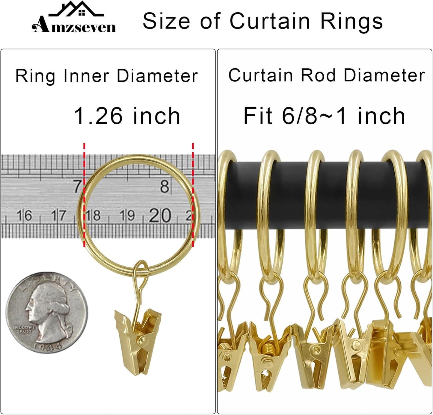 100 Pack Curtain Rings with Clips, Drapery Clips with Rings, Drapes Rings 1.26 in Interior Diameter, Fits up to 1 in Curtain Rod, Gold Color