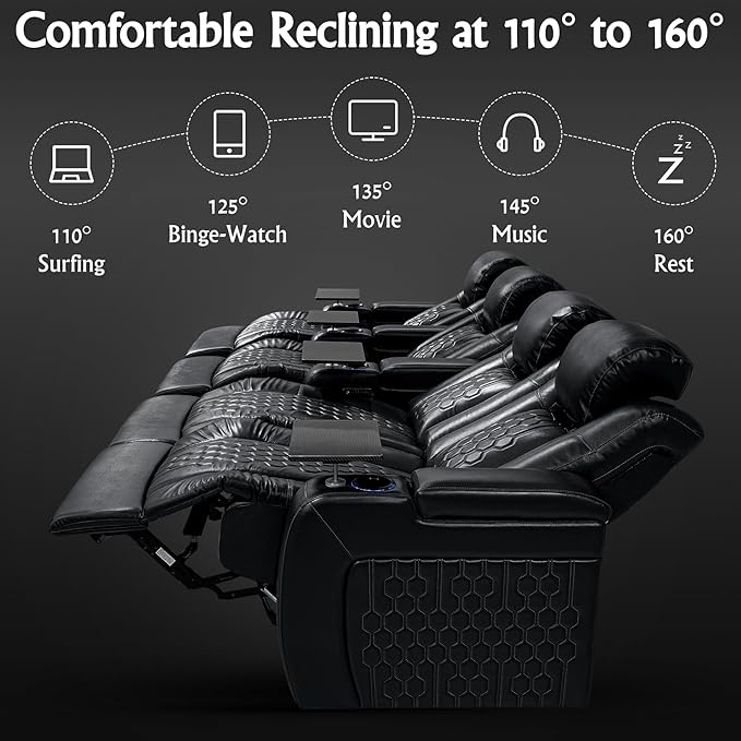 Home Theater Seating, Living Room, Powered Headrest, Powered Lumbar, Italian Leather, Powered Recline, Single Recliner (Black, Row of 4 Loveseat Right)