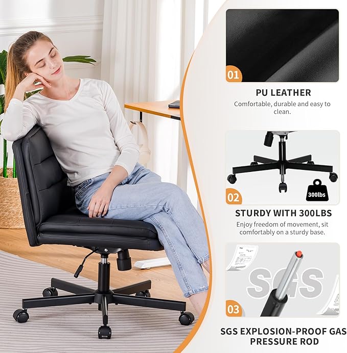 COMHOMA Cross Legged Office Chair with Wheels Armless Office Desk Chair, Modern Vanity Computer Task Chairs for Home Bedroom, Comfortable Wide Seat for Lower Back Pain Relief, PU Leahter, Black
