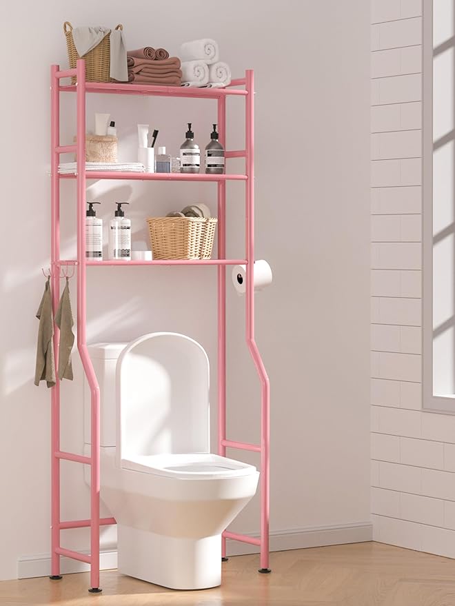 3-Tier Over The Toilet Storage, Space Saver Metal Bathroom Shelves, Freestanding Above Over Toilet Storage Shelf with 4 Hooks for Bathroom, Pink