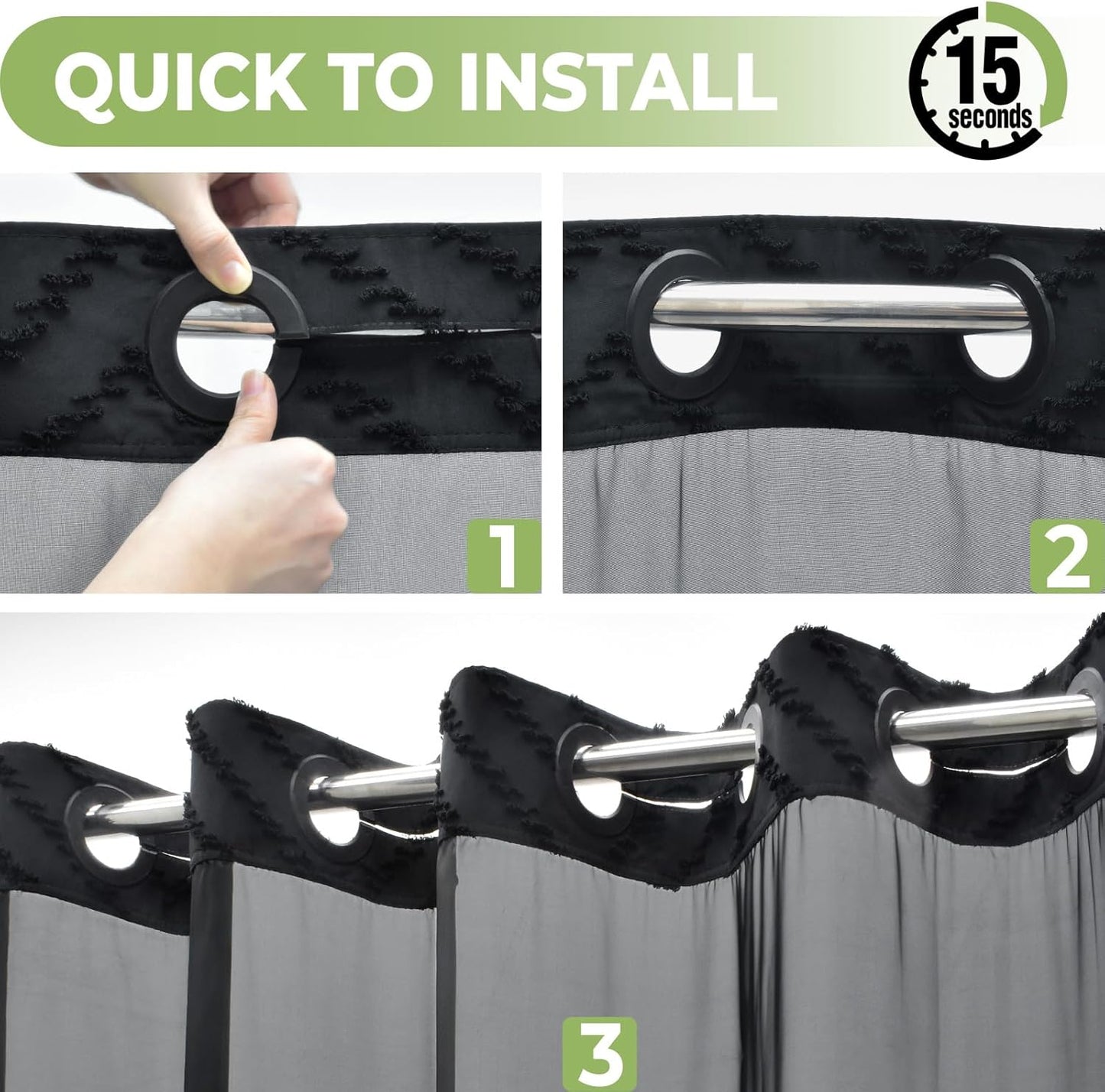 No Hook Shower Curtain with Snap in Liner, Tufted Chevron Striped Shower Curtain Set for Bathroom, Boho Waterproof and Washable Shower Curtains,71Wx77H, Black