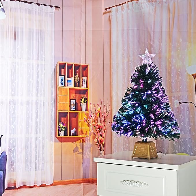 24inch Green Fiber Optic Christmas Tree,Pre-Lit Artificial Mini Christmas Tree, Tabletop Small Xmas Tree with Stars Holiday Home Decorations