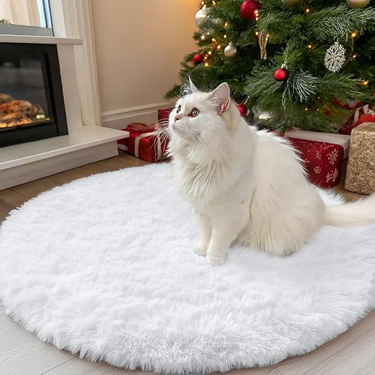 OLANLY White Round Rugs for Bedroom - Machine Washable, 3 ft Circle Area Rugs for Living Room, Soft and Fluffy Shaggy Carpet for Teen Girls and Boys, Nursery Rooms, Dorms, Home Decor Aesthetic